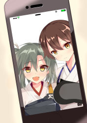 Rule 34 | 10s, 2girls, absurdres, brown hair, cellphone, green hair, highres, japanese clothes, kaga (kancolle), kantai collection, looking at viewer, multiple girls, muneate, open mouth, phone, selfie, smartphone, smile, verdy, yellow eyes, zuikaku (kancolle)