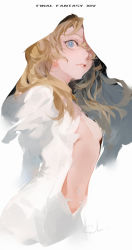 Rule 34 | 1girl, blonde hair, blue eyes, breasts, character request, cleavage, copyright name, final fantasy, final fantasy xiv, from side, hair between eyes, hair over one eye, highres, lips, long hair, looking at viewer, looking to the side, parted lips, simple background, small breasts, smile, sola7764, solo, upper body, white background