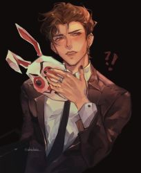 Rule 34 | 1boy, black background, black nails, black suit, brown hair, charluiu, ear piercing, formal, frank (subway surfers), highres, holding, holding mask, jewelry, mask, nail polish, parted lips, piercing, rabbit mask, ring, simple background, solo, subway surfers, suit