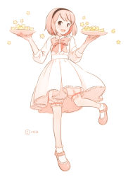 1girl :d black_hairband bloomers bobby_socks bow commentary_request copyright_request dress female_focus full_body hairband highres holding holding_plate kokudou_juunigou long_sleeves mary_janes open_mouth pink_bow pink_hair pink_shoes plate shoes short_dress signature simple_background smile socks solo standing standing_on_one_leg star_(symbol) teeth underwear upper_teeth_only white_background white_bloomers white_dress white_socks