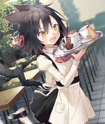 Rule 34 | 1girl, animal ears, apron, black footwear, black hair, black skirt, blurry, blurry background, brown eyes, cat ears, cat girl, cat tail, collared shirt, commentary request, cup, depth of field, fang, hair between eyes, hair ribbon, holding, holding tray, indoors, juliet sleeves, long sleeves, open mouth, original, pantyhose, pink ribbon, pleated skirt, puffy sleeves, ribbon, saucer, shirt, shoes, skirt, solo, standing, standing on one leg, suspender skirt, suspenders, sweat, table, tail, tokuno yuika, tray, v-shaped eyebrows, waitress, white apron, white pantyhose, white shirt