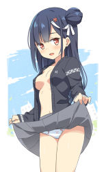 Rule 34 | 1girl, :d, black hair, black jacket, blush, breasts, clothes lift, day, floral print, flower, grey skirt, hair bun, hair flower, hair ornament, hair ribbon, hairclip, hatsunatsu, jacket, lifted by self, long hair, long sleeves, navel, no bra, open clothes, open jacket, open mouth, original, panties, pleated skirt, red eyes, red flower, ribbon, side bun, single hair bun, single side bun, skirt, skirt lift, sleeves past wrists, small breasts, smile, solo, standing, underwear, very long hair, white panties, white ribbon