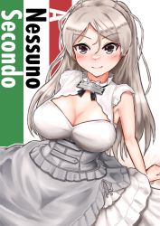 Rule 34 | 1girl, blush, breasts, brown eyes, conte di cavour (kancolle), conte di cavour nuovo (kancolle), dress, grey hair, hair between eyes, highres, italian text, kantai collection, large breasts, long hair, owada (kousonhuchi), short sleeves, simple background, smile, solo, translated, upper body