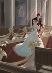 Rule 34 | 1boy, 1girl, absurdres, backless dress, backless outfit, bare shoulders, black suit, bridal veil, bride, church, closed eyes, commentary request, dress, father and daughter, flower, formal, hair flower, hair ornament, hair rings, highres, indoors, kivitmiya, long hair, multicolored hair, necktie, one piece, pew, red carpet, red hair, red necktie, scar, scar across eye, shanks (one piece), strapless, strapless dress, suit, two-tone hair, uta (one piece), veil, wedding dress, white dress, white hair