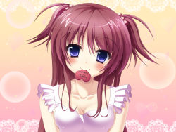 Rule 34 | 1girl, apron, blue eyes, breasts, brown hair, candy, chocolate, chocolate heart, cleavage, collarbone, covered erect nipples, eyebrows, food, hair ornament, happy valentine, heart, highres, long hair, looking at viewer, naked apron, nukou, original, smile, solo, upper body, valentine