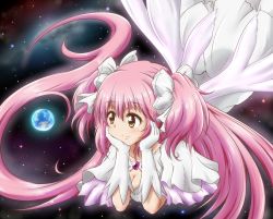 Rule 34 | 10s, 1girl, bow, breasts, cleavage, dress, earth (planet), giant, giantess, gloves, hair bow, hands on own cheeks, hands on own face, huge giantess, kaname madoka, long hair, magical girl, mahou shoujo madoka magica, mahou shoujo madoka magica (anime), maru takeo, medium breasts, pink hair, planet, solo, space, star (sky), twintails, two side up, ultimate madoka, very long hair