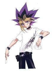 Rule 34 | bad id, bad twitter id, belt, belt collar, black pants, bright pupils, card, closed mouth, collar, commentary request, cowboy shot, cropped legs, dyed bangs, holding, looking at viewer, maruchi, multicolored hair, pants, pouch, purple eyes, shirt, short sleeves, simple background, smile, spiked hair, standing, white background, white shirt, wristband, yami yugi, yu-gi-oh!