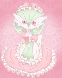 Rule 34 | 1girl, absurdres, apron, artist name, back bow, blush, bob cut, bow, clothed pokemon, colored skin, creatures (company), dress, female focus, flat chest, floral background, frilled apron, frilled dress, frilled hairband, frills, full body, game freak, gardevoir, gen 3 pokemon, green hair, green skin, hair between eyes, hairband, highres, looking at viewer, meru (mer milky77), multicolored skin, nintendo, open mouth, outline, own hands together, pink background, pink theme, pokemon, pokemon (creature), puffy short sleeves, puffy sleeves, red background, red bow, red dress, red eyes, red theme, short hair, short sleeves, signature, sitting, solo, twitter username, two-tone skin, v arms, waist apron, white apron, white bow, white outline, white skin