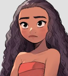 Rule 34 | 1girl, arms at sides, bare arms, bare shoulders, black eyes, black hair, breasts, cleavage, closed mouth, curly hair, dark-skinned female, dark skin, disney, expressionless, eyelashes, grey background, hair slicked back, long hair, looking away, moana (movie), moana waialiki, pano (mohayayamai), shaded face, simple background, small breasts, solo, strapless, thick eyebrows, upper body