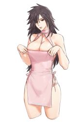 Rule 34 | 1girl, black eyes, black hair, breasts, cleavage, collarbone, commentary, cropped legs, dress, genderswap, genderswap (mtf), highres, large breasts, long hair, naruto, naruto (series), naruto shippuuden, parted lips, pelvic curtain, pink dress, ribbon between breasts, simple background, solo, spiked hair, uchiha madara, uri ryou, white background