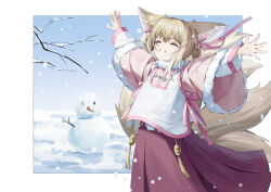 Rule 34 | 1girl, absurdres, alternate costume, animal ear fluff, animal ears, arknights, arms up, blonde hair, braid, closed eyes, commentary, dated commentary, fox ears, fox girl, fox tail, fur-trimmed sleeves, fur trim, hair ribbon, highres, kitsune, kyuubi, layered sleeves, long skirt, long sleeves, multiple tails, outstretched arms, parted lips, pink ribbon, pink skirt, ribbon, skirt, snow, snowman, solo, spread arms, suyi-j, suzuran (arknights), tail, tassel, teeth, wide sleeves, winter