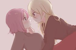 Rule 34 | 2girls, blonde hair, blush, eye contact, facing another, girl on top, hand on another&#039;s chin, long hair, looking at another, multiple girls, new game!, pink hair, profile, short hair, tooyama rin, upper body, yagami kou, yuri, yuuki (yunky373)