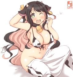 1girl, alternate costume, animal ears, artist logo, bikini, black hair, bottomless, breasts, commentary request, cow ears, cow horns, cow tail, dated, erect nipples, fake animal ears, fake horns, fang, green eyes, highres, horns, kanon (kurogane knights), kantai collection, large breasts, long hair, multicolored hair, naganami (kancolle), one-hour drawing challenge, one eye closed, pink hair, simple background, sitting, solo, swimsuit, tail, tears, thighhighs, wavy hair, white background, white bikini, white legwear, yawning