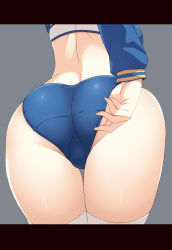 Rule 34 | 1girl, adjusting clothes, adjusting shorts, artoria pendragon (fate), ass, ass focus, blue shorts, fate/grand order, fate (series), from behind, highres, leotard, letterboxed, long sleeves, mysterious heroine x (fate), mysterious heroine xx (fate), nakamura yukitoshi, over-kneehighs, short shorts, shorts, shrug (clothing), sleeve cuffs, solo, thighhighs, white leotard, white thighhighs