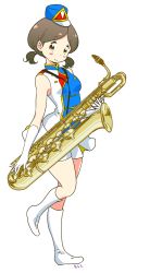 Rule 34 | 10s, 1girl, band uniform, boots, brown eyes, brown hair, commentary request, elbow gloves, full body, gloves, hat, hibike! euphonium, instrument, instrument request, karaagetarou, looking at viewer, ogasawara haruka, saxophone, skirt, sleeveless, smile, solo, twintails, white background, white footwear, white gloves