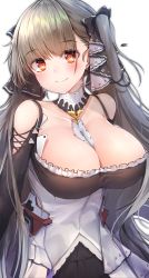 Rule 34 | 1girl, absurdres, azur lane, bare shoulders, between breasts, black dress, blush, breasts, cleavage, clothing cutout, collarbone, cowboy shot, dress, earrings, formidable (azur lane), frilled dress, frills, grey hair, hair ribbon, head tilt, highres, hiromaster sinta jh, jewelry, large breasts, long hair, long sleeves, looking at viewer, red eyes, ribbon, shoulder cutout, signature, simple background, smile, solo, twintails, two-tone dress, white background