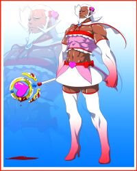 Rule 34 | 1boy, abs, ahoge, bara, beard, blood, bloody weapon, blue background, bow, capelet, crop top, dress bow, elbow gloves, facial hair, gloves, gradient background, hair ornament, heart, heart hair ornament, high heels, highres, holding, holding wand, kentairui, magical boy, mahou shoujo pretty bell, muscular, muscular male, pink shirt, pixiv fantasia, pixiv fantasia new world, pool of blood, red bow, shirt, skirt, thighhighs, wand, weapon, white capelet, white gloves, white hair, white skirt, white thighhighs, zoom layer