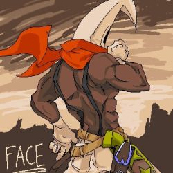 Rule 34 | 1boy, arc system works, battle fantasia, dark-skinned male, dark skin, face (battle fantasia), gloves, holster, lowres, male focus, mask, muscular, scarf, topless male, solo, suspenders