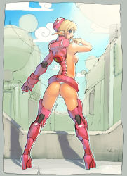 Rule 34 | 1girl, ass, back, blonde hair, blue eyes, boots, breasts, elf, from behind, hat, marc brunet, mecha, mechanical arms, nurse, panties, pink footwear, pointy ears, revealing clothes, robot, science fiction, short hair, sideboob, single mechanical arm, small breasts, solo, standing, syringe, thigh boots, thighhighs, thong, topless, underwear