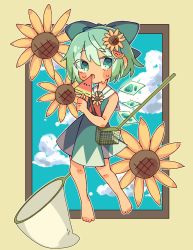 Rule 34 | 1girl, adapted costume, aqua hair, barefoot, blue bow, blue dress, blue eyes, blue sky, bow, butterfly net, cirno, cloud, cloudy sky, detached wings, dress, flower, food, fruit, full body, hair between eyes, hair bow, hand net, highres, holding, holding food, insect cage, looking at viewer, nako7575ko, sailor collar, sky, sleeveless, sleeveless dress, solo, sunflower, sweat, sweatdrop, tanned cirno, touhou, watermelon, watermelon slice, white sailor collar, wings, yellow flower