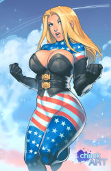 Rule 34 | 1girl, american flag, artist logo, black gloves, blonde hair, blue eyes, bodysuit, breasts, bustier, chuck pires, cleavage, cleavage cutout, clenched hands, clothing cutout, cloud, covered navel, elbow gloves, eyeshadow, flag print, gloves, hair over one eye, large breasts, lips, long hair, looking at viewer, makeup, mount olympus comics, nose, open mouth, patriotika, patriotism, skin tight, solo, standing, standing on one leg, superhero costume, w arms