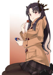 Rule 34 | 1girl, :t, absurdres, black bow, black footwear, black pantyhose, black skirt, bow, brown coat, brown hair, coat, eating, fate/grand order, fate (series), food, hair bow, highres, holding, holding food, hood, hood down, hooded coat, ishtar (fate), k-ya., loafers, long hair, looking at viewer, miniskirt, pantyhose, pleated skirt, red eyes, shoes, sitting, skirt, solo, twintails, very long hair, wariza