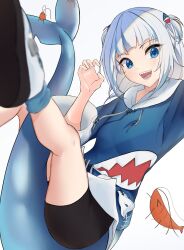 Rule 34 | 1girl, absurdres, ausseh1, black shorts, blue eyes, blue hair, blue hoodie, fins, fish tail, gawr gura, grey hair, hair ornament, highres, hololive, hololive english, hood, hoodie, looking at viewer, multicolored hair, open mouth, shark girl, shark hair ornament, shark print, shark tail, sharp teeth, shorts, simple background, smile, solo, streaked hair, tail, teeth, virtual youtuber, white background