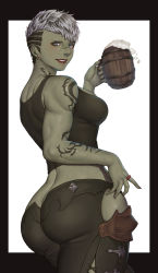 Rule 34 | 1girl, alcohol, arm at side, arm tattoo, ass, warrior of light (ff14), back, bare arms, bare shoulders, beer, beer mug, biceps, blue eyes, border, breasts, camisole, colored skin, commentary request, cowboy shot, cup, drink, earrings, fictional persona, final fantasy, final fantasy xiv, fingernails, green hair, green skin, grey hair, grin, hand up, highres, hip vent, holding, holding cup, jewelry, lipstick, looking at viewer, lowleg, lowleg pants, makeup, midriff, mole, mole under eye, mug, multicolored hair, neck tattoo, pants, red lips, ring, roegadyn, short hair, shoulder tattoo, skindentation, smile, solo, tattoo, toned, two-tone hair, udongo99, very short hair, wooden cup