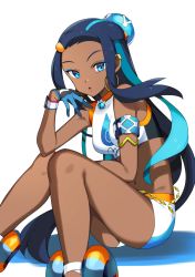Rule 34 | 1girl, absurdres, armlet, bare shoulders, bike shorts, blue eyes, blue gloves, breasts, covered collarbone, creatures (company), dark-skinned female, dark skin, earclip, earrings, eyeshadow, female focus, forehead, game freak, gloves, gym leader, hair ornament, hairclip, hand up, highres, hoop earrings, jewelry, jpeg artifacts, knees together feet apart, knees up, long hair, makeup, medium breasts, multicolored hair, navel, necklace, nessa (pokemon), nintendo, open mouth, pokemon, pokemon swsh, sandals, simple background, sitting, solo, sports bra, stomach, streaked hair, two-tone hair, very long hair, watch, white background, white footwear, wristwatch, yuihico