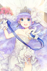 Rule 34 | 1girl, :d, bare shoulders, blue eyes, blue hair, blunt bangs, bouquet, clarice, clarice altheim, crown, dress, earrings, flat chest, flower, gloves, hair ornament, hakou (barasensou), jewelry, lowres, matching hair/eyes, open mouth, pink flower, pink rose, ribbon, rose, smile, solo, sword girls, veil, wedding dress