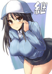 Rule 34 | 10s, 1girl, black skirt, blue hat, blue shirt, breasts, brown eyes, brown hair, girls und panzer, hanging breasts, hat, large breasts, long hair, long sleeves, looking at viewer, matching hair/eyes, mika (girls und panzer), miniskirt, pleated skirt, school uniform, shinshin, shirt, skirt, smile, solo, striped clothes, striped shirt, vertical-striped clothes, vertical-striped shirt