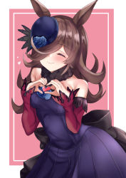 Rule 34 | 1girl, ^ ^, absurdres, animal ears, bare shoulders, blue dress, blue flower, blue hat, blue rose, blush, breasts, brown hair, closed eyes, closed mouth, collarbone, dress, facing viewer, flower, hair over one eye, hands up, hat, hat flower, heart, heart hands, highres, horse ears, horse girl, horse tail, long hair, long sleeves, off-shoulder dress, off shoulder, pink background, rice shower (umamusume), rose, setu (shining12), sleeves past wrists, small breasts, solo, tail, tilted headwear, two-tone background, umamusume, very long hair, white background