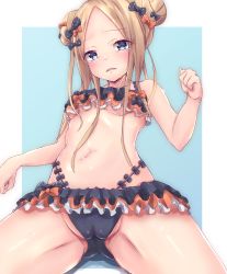 Rule 34 | 1girl, abigail williams (fate), bare shoulders, bikini, bikini skirt, black bikini, black bow, blonde hair, blue background, blue eyes, bow, breasts, commentary request, covered clitoris, fate/grand order, fate (series), from below, hair bow, highres, long hair, looking at viewer, navel, official alternate costume, orange bikini, orange bow, parted bangs, polka dot, polka dot bow, simple background, sleeves past wrists, small breasts, solo, swimsuit, white background, yuuki shuri