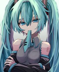 Rule 34 | 1girl, bare shoulders, black sleeves, blue eyes, blue hair, blue necktie, breasts, collared shirt, crossed arms, detached sleeves, dot nose, frilled shirt, frills, grey shirt, hair between eyes, hair intakes, hair ornament, hatsune miku, head tilt, highres, large breasts, long hair, long sleeves, looking at viewer, mouth hold, multicolored hair, naguno-0713, necktie, number tattoo, pink hair, shirt, sidelocks, simple background, sleeveless, sleeveless shirt, solo, streaked hair, tattoo, tie clip, twintails, two-tone hair, very long hair, vocaloid, white background