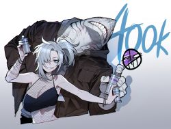 Rule 34 | 1boy, 1girl, arm tattoo, bare arms, bare shoulders, blue eyes, bracelet, breasts, brown jacket, can, cleavage, copyright request, covered collarbone, cropped torso, ear piercing, grey hair, grin, hair over one eye, hand in pocket, hand up, highres, holding, holding can, jacket, jewelry, large breasts, open clothes, open jacket, piercing, ratatatat74, shark boy, shark girl, sharp teeth, side ponytail, simple background, smile, spray can, tattoo, teeth
