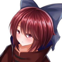 Rule 34 | 1girl, blue bow, blush, bow, cape, dutch angle, frown, hair between eyes, hair bow, light blush, looking at viewer, red cape, red eyes, red hair, sekibanki, shiranui (wasuresateraito), short hair, simple background, solo, touhou, upper body, white background