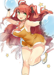 Rule 34 | 1girl, big hair, bow, breasts, cheerleader, cleavage, curvy, dress, female focus, green eyes, hair bow, large breasts, long hair, naso4, open mouth, pom pom (cheerleading), red hair, short dress, smile, solo, star (symbol), two side up, very long hair, wide hips