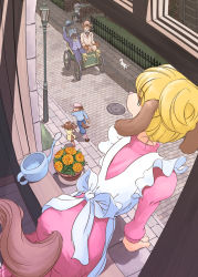 Rule 34 | 2girls, 5boys, animal ears, apron, blonde hair, car, cat, commentary request, doctor watson (meitantei holmes), dog ears, dog girl, dog tail, dress, driving, from above, furry, furry female, furry male, hat, highres, indoors, leaning forward, looking outside, marie hudson, meitantei holmes, motor vehicle, multiple boys, multiple girls, photoshop (medium), sherlock holmes (meitantei holmes), smiley (meitantei holmes), tail, through window, todd (meitantei holmes), updo, watering can, yosukemo