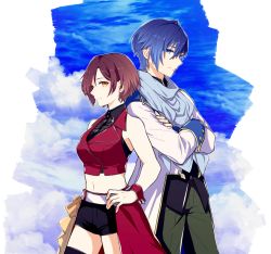 Rule 34 | 1boy, 1girl, back-to-back, blue eyes, blue hair, brown eyes, brown hair, coat, crossed arms, hands on own hips, kaito (vocaloid), long sleeves, looking at another, meiko (vocaloid), midriff, scarf, short hair, sky, sleeveless, smile, vocaloid, xxxxxxxxxlr