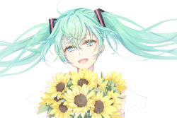 Rule 34 | 1girl, :d, ahoge, bad id, bad pixiv id, blue eyes, bouquet, commentary request, floating hair, flower, green hair, hair between eyes, hair ornament, hatsune miku, head tilt, holding, holding bouquet, long hair, looking at viewer, open mouth, see-through, see-through sleeves, short sleeves, simple background, smile, solo, twintails, twitter username, upper body, vocaloid, white background, wide sleeves, yamano uzura, yellow flower