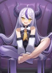 Rule 34 | 1girl, absurdres, ahoge, ascot, bad feet, barefoot, black dress, blush, braid, braided bangs, collarbone, commentary request, demon girl, demon horns, detached sleeves, dress, eyelashes, flat chest, full body, hair between eyes, highres, hololive, horns, knees apart feet together, kuronekootuta, la+ darknesss, legs, light purple hair, long hair, long sleeves, multicolored hair, no shoes, open mouth, pantyhose, purple hair, purple pantyhose, shadow, sidelocks, single leg pantyhose, sitting, solo, streaked hair, striped horns, teeth, toes, very long hair, virtual youtuber, yellow ascot, yellow eyes