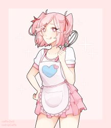 Rule 34 | 1girl, :3, :q, apron, artist name, caffe0w0, casual, commentary, cowboy shot, doki doki literature club, english commentary, eyes visible through hair, facial mark, hair ribbon, hand on own hip, heart, highres, looking at viewer, natsuki (doki doki literature club), pink background, pink hair, pink skirt, red ribbon, ribbon, short sleeves, simple background, skirt, smile, solo, swept bangs, tongue, tongue out, two side up, whisker markings
