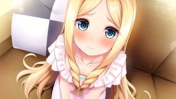 Rule 34 | 1girl, agnes avril, blonde hair, blue eyes, blush, closed mouth, collarbone, downblouse, dress, drill hair, from above, game cg, go-1, hair over breasts, indoors, lens flare, long hair, looking at viewer, otome to fureau hitotsu yane no shita, parted bangs, pink dress, sitting, sleeveless, sleeveless dress, solo, twin drills, very long hair