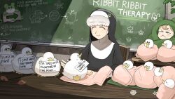 Rule 34 | 2girls, :&lt;, bird, brown hair, chalkboard, chicken, closed eyes, commentary, crying, crying with eyes open, diva (hyxpk), duck, english commentary, flower, freckles, froggy nun (diva), grey hair, habit, half-closed eyes, hanging plant, highres, little nuns (diva), multiple girls, nun, sheep nun (diva), sign, smile, tears, towel, traditional nun