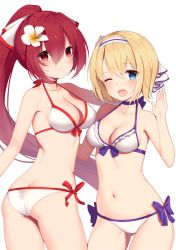 Rule 34 | 2girls, ass, back, bikini, blonde hair, blue eyes, blush, breasts, butt crack, cleavage, cowboy shot, europa (granblue fantasy), gin00, godsworn alexiel, granblue fantasy, hair between eyes, hair ornament, hair ribbon, hairband, halterneck, long hair, looking at viewer, looking back, medium breasts, multiple girls, navel, open mouth, red eyes, red hair, ribbon, short hair, simple background, standing, swimsuit, teeth, thighs, tongue, underwear, underwear only, white background