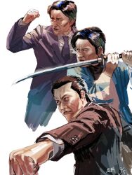Rule 34 | 3boys, black hair, black necktie, black suit, character request, clenched hand, dated, fighting stance, formal, holding, holding sword, holding weapon, japanese clothes, kashiwagi osamu, katana, kimono, multiple boys, necktie, ogata (ogt326), old, old man, ryuu ga gotoku (series), scar, scar on face, short hair, standing, suit, sword, weapon