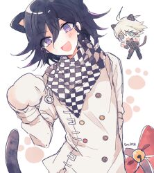Rule 34 | 2boys, ahoge, android, animal ears, animal hands, arm belt, artist name, bad id, bad twitter id, bell, belt, black scarf, black tank top, blue eyes, bow, buttons, cat ears, cat tail, chain, checkered clothes, checkered scarf, chibi, commentary request, dalrye v3, danganronpa (series), danganronpa v3: killing harmony, double-breasted, gloves, hair between eyes, head tilt, jacket, k1-b0, kemonomimi mode, korean commentary, light blush, long sleeves, looking at viewer, male focus, multicolored background, multiple boys, oma kokichi, open mouth, paw gloves, paw pose, paw print, purple eyes, purple hair, red bow, scarf, short hair, simple background, smile, solo focus, sweatdrop, tail, tail bell, tail bow, tail ornament, tank top, two-tone scarf, v-shaped eyebrows, wavy mouth, white background, white belt, white gloves, white hair, white jacket, white scarf, white sleeves