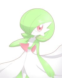 Rule 34 | 1girl, absurdres, artist name, bob cut, closed mouth, colored skin, cowboy shot, creatures (company), female focus, flat chest, game freak, gardevoir, gen 3 pokemon, green hair, green skin, hair over one eye, hand on own chest, hand up, happy, highres, looking at viewer, meru (mer milky77), multicolored skin, nintendo, one eye covered, pokemon, pokemon (creature), red eyes, short hair, signature, simple background, smile, solo, standing, twitter username, two-tone skin, white background, white skin