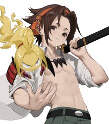 Rule 34 | 1boy, absurdres, asakura yoh, brown eyes, brown hair, cbow, closed mouth, collared shirt, green pants, highres, holding, holding sword, holding weapon, jewelry, light smile, linea alba, male focus, navel, necklace, open clothes, open shirt, pants, shaman king, shirt, short hair, solo, sword, weapon, white background, white shirt