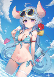 Rule 34 | 1girl, bikini, blue bikini, blue hair, blue sky, blush, bow, breasts, cleavage, closed mouth, collarbone, day, demon girl, demon horns, demon tail, expressionless, eyewear on head, flower, food, hair flower, hair ornament, highres, holding, holding food, holding popsicle, horns, long hair, looking at viewer, medium breasts, navel, ocean, original, outdoors, popsicle, pubic tattoo, saebashi, sky, solo, striped bikini, striped clothes, sunglasses, swimsuit, tail, tattoo, twintails, water, yellow-framed eyewear, yellow bow